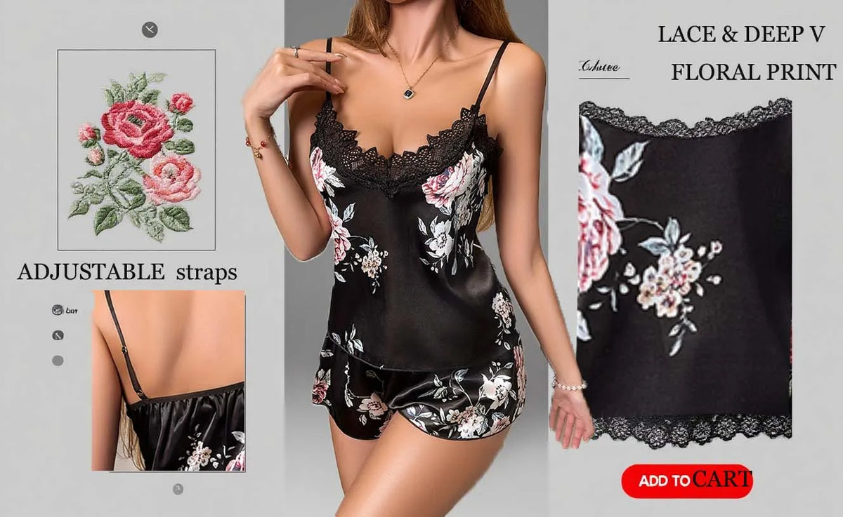 Plus Size Floral Pajama Set – XL to 4XL, Black with Lace Trim