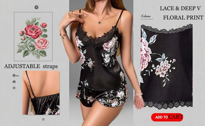 Plus Size Floral Pajama Set – XL to 4XL, Black with Lace Trim