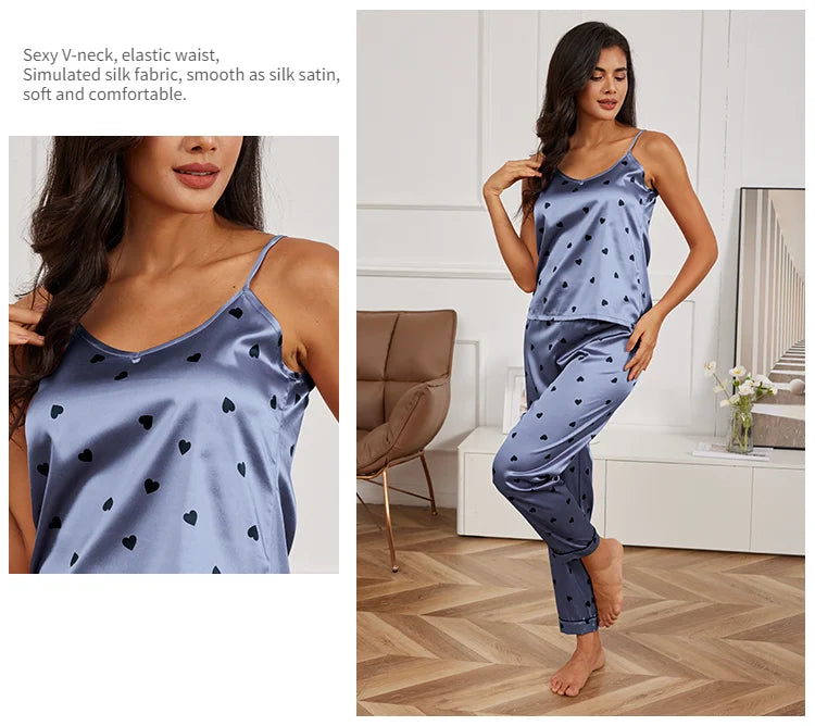 Women’s Silk Satin Pajama Set – V-Neck Cami & Pants