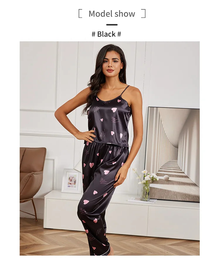Women’s Silk Satin Pajama Set – V-Neck Cami & Pants