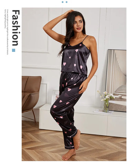 Women’s Silk Satin Pajama Set – V-Neck Cami & Pants