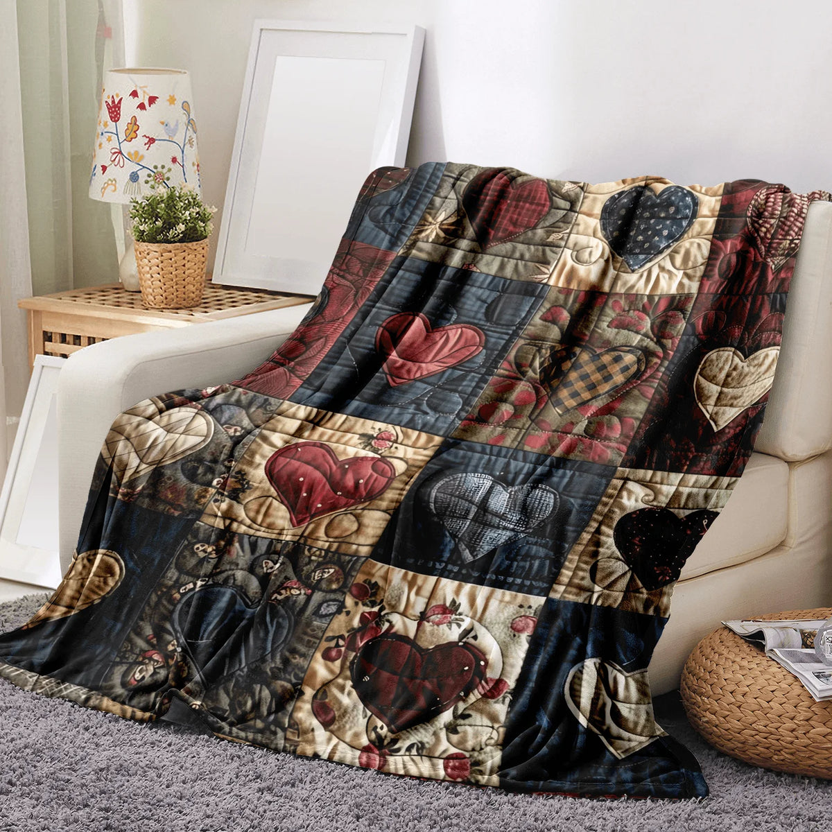Flannel Heart-Print Blanket – Lightweight Patchwork Quilt