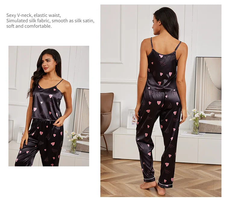 Women’s Silk Satin Pajama Set – V-Neck Cami & Pants