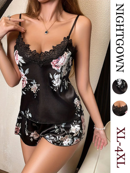 Plus Size Floral Pajama Set – XL to 4XL, Black with Lace Trim