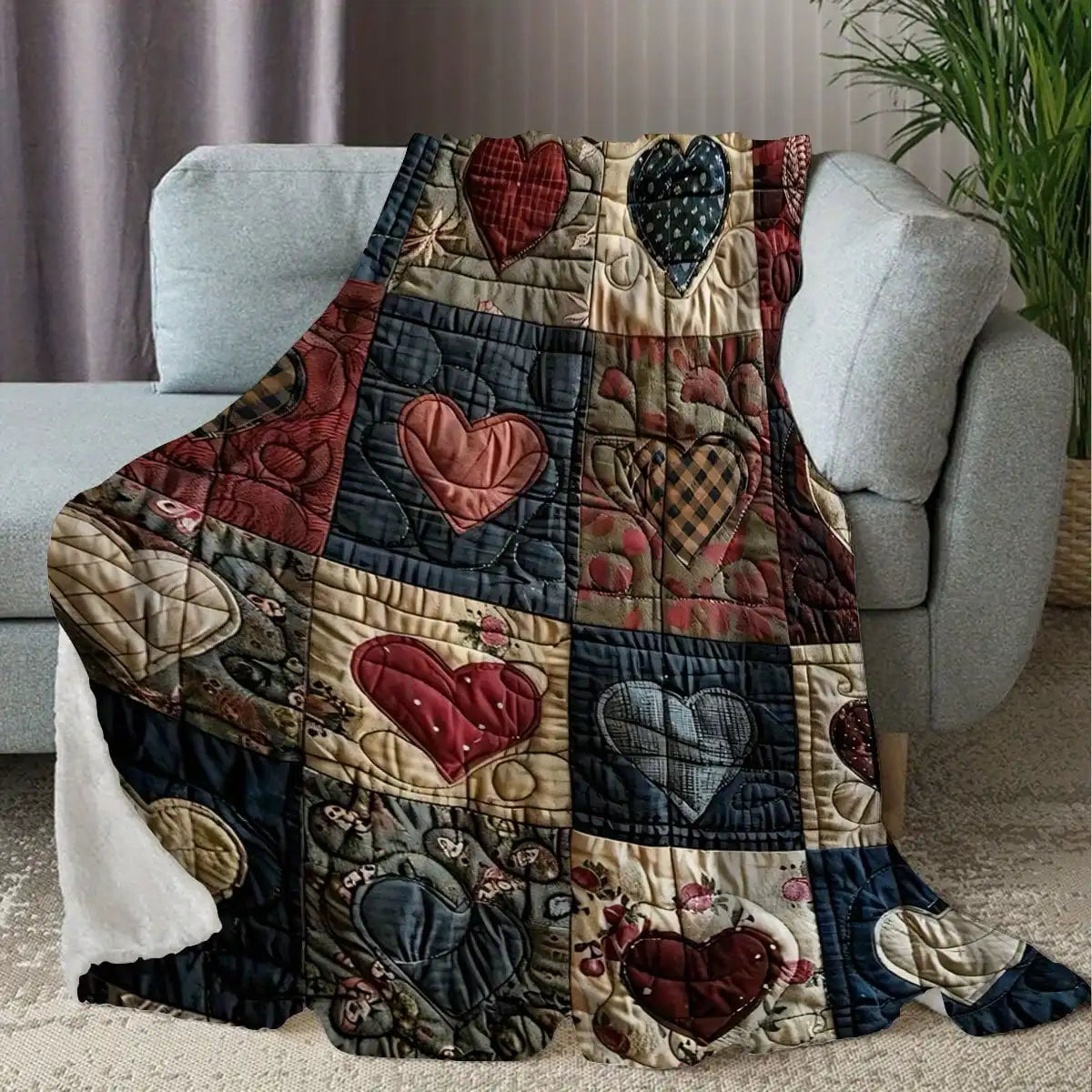Flannel Heart-Print Blanket – Lightweight Patchwork Quilt