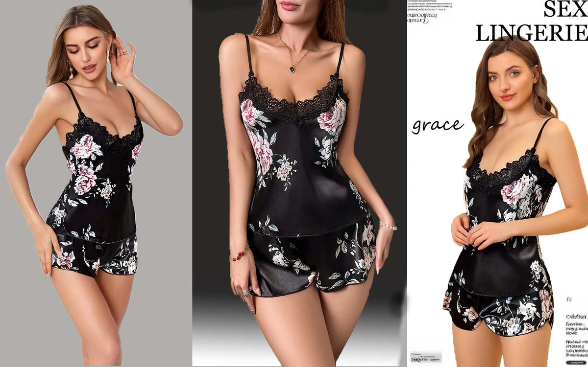 Plus Size Floral Pajama Set – XL to 4XL, Black with Lace Trim