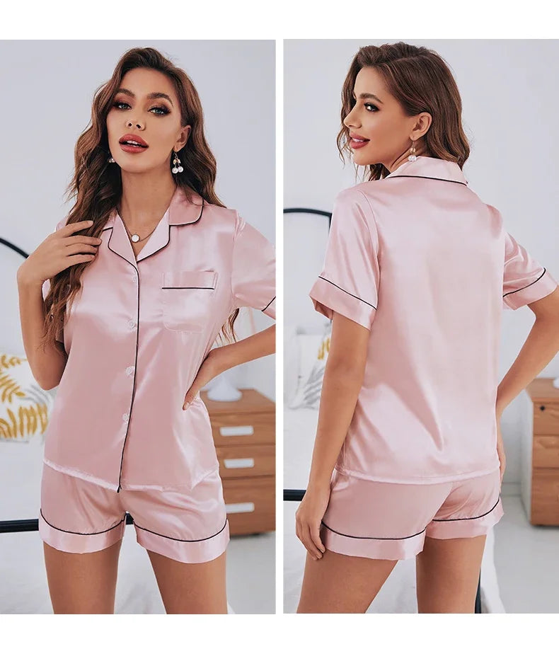 Women’s Summer Silk Satin Pajama Set – Short Sleeve & Shorts