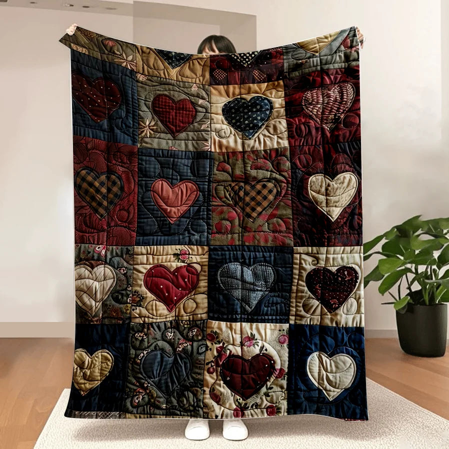 Flannel Heart-Print Blanket – Lightweight Patchwork Quilt