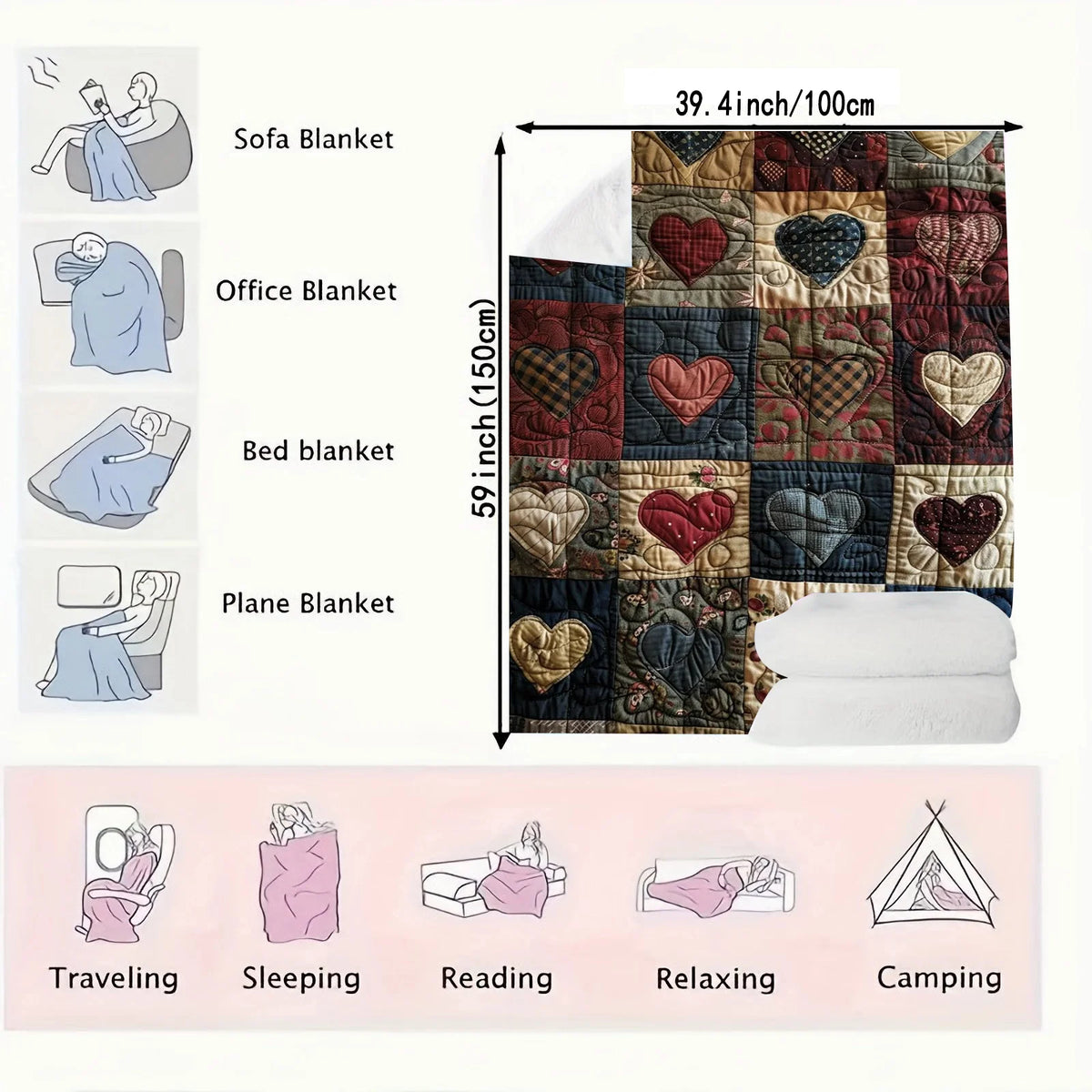 Flannel Heart-Print Blanket – Lightweight Patchwork Quilt