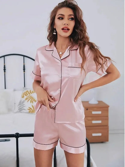Women’s Summer Silk Satin Pajama Set – Short Sleeve & Shorts