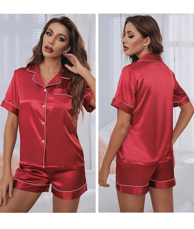 Women’s Summer Silk Satin Pajama Set – Short Sleeve & Shorts