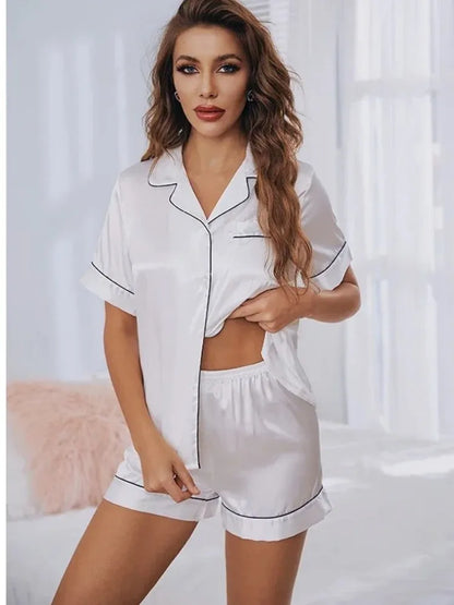Women’s Summer Silk Satin Pajama Set – Short Sleeve & Shorts