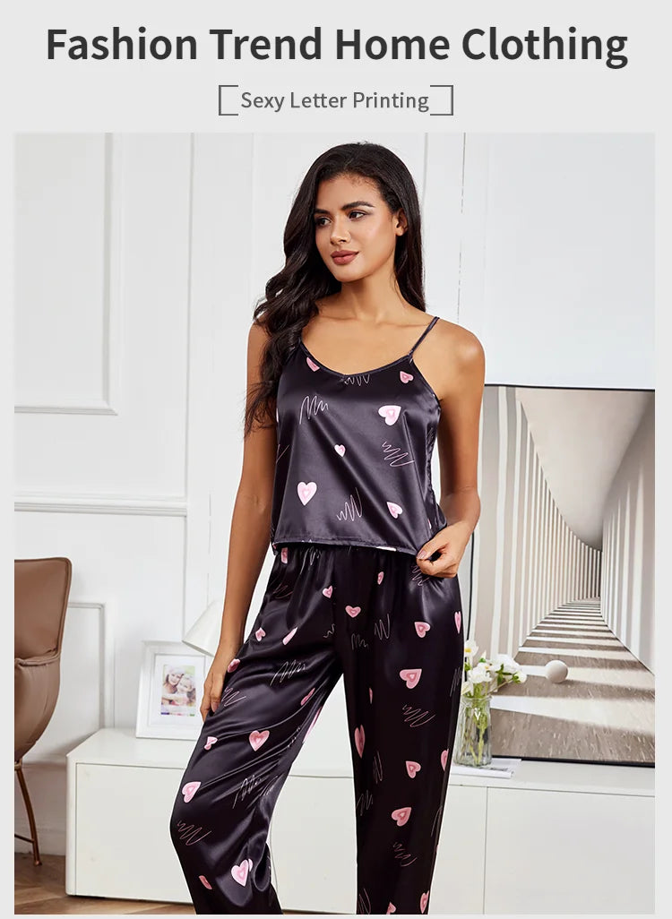 Women’s Silk Satin Pajama Set – V-Neck Cami & Pants