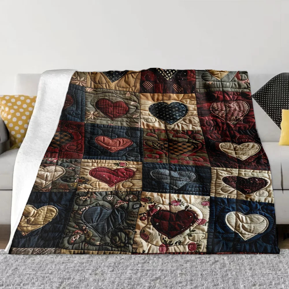Flannel Heart-Print Blanket – Lightweight Patchwork Quilt