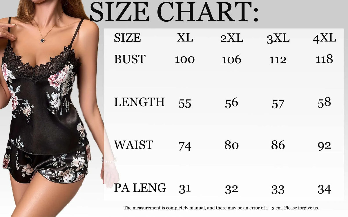 Plus Size Floral Pajama Set – XL to 4XL, Black with Lace Trim
