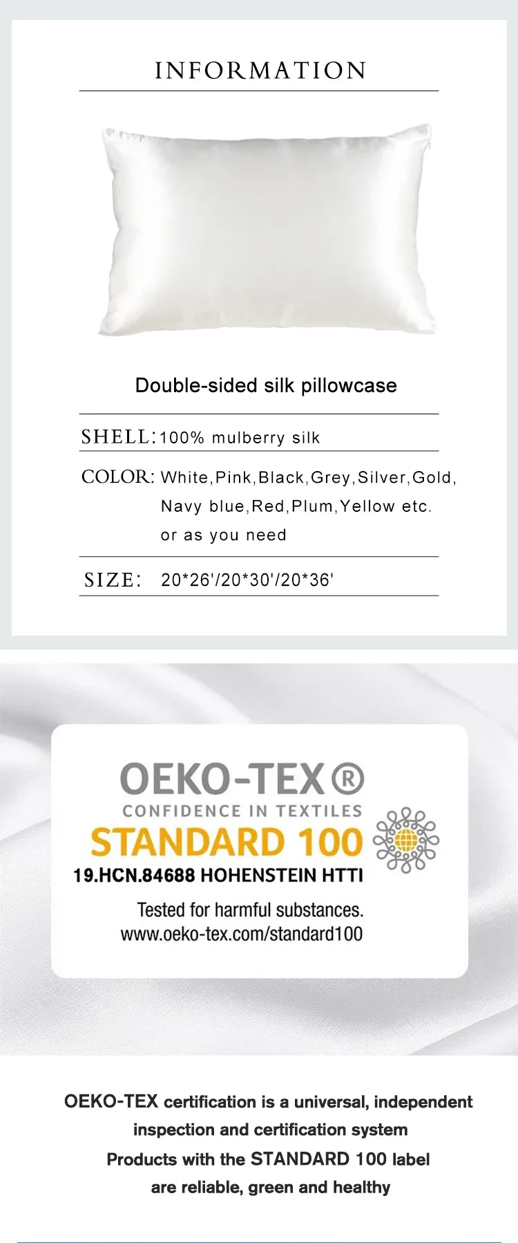 100% Mulberry Silk Pillowcase – 19 Momme, Hidden Zipper