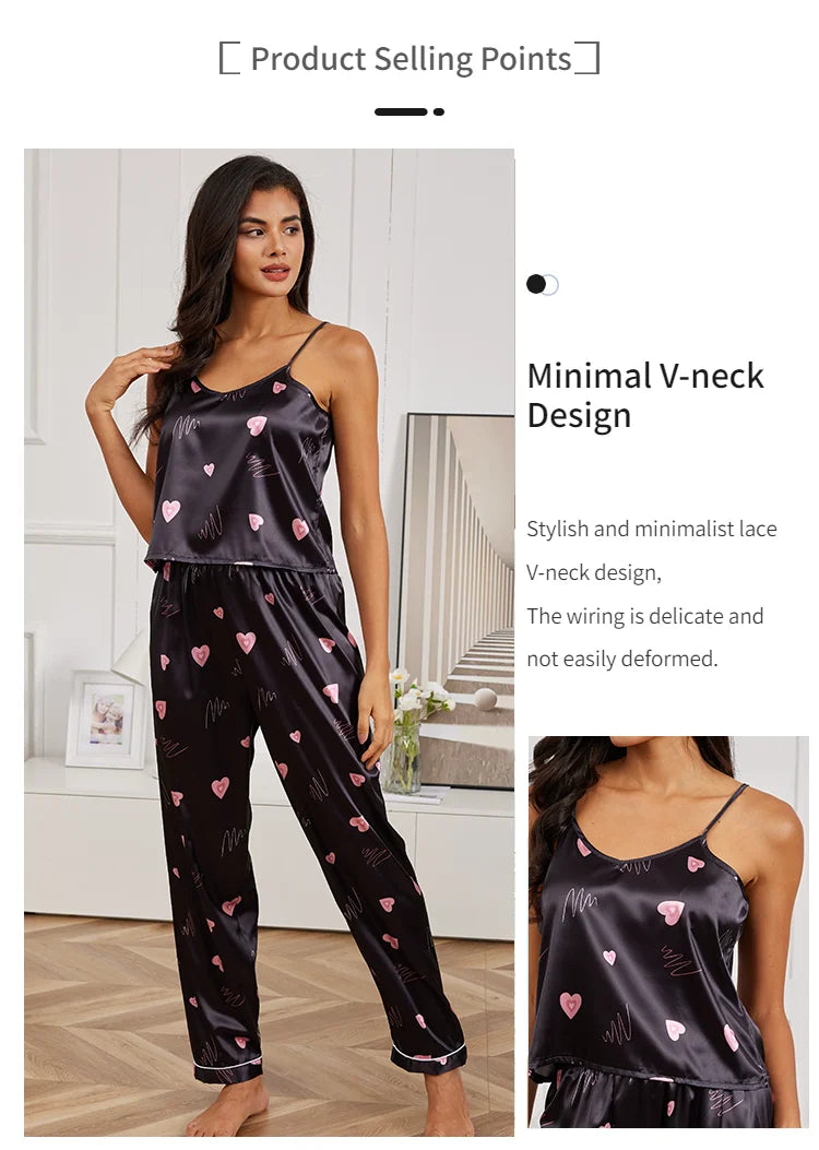 Women’s Silk Satin Pajama Set – V-Neck Cami & Pants